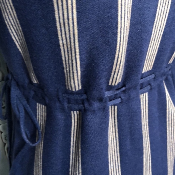 New Fashion Cadet Blue with Cream Strips Mock Neck Self Belts Long Sleeve Dress - Picture 11 of 12